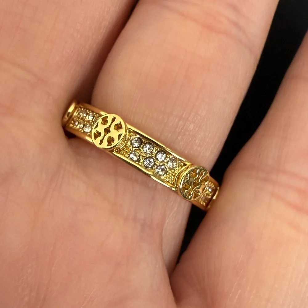Tory Burch Gold Crystal Icon Pave Logo Ring - Size 6.5 - NWOT - MSRP $150